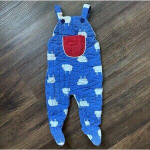 Vintage Piccolo Bib Sheep Overalls 9 Months Blue w/ Red Pocket, Footed Snap Legs